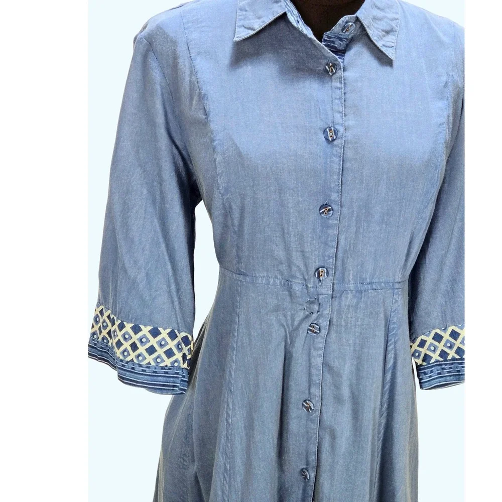 Women's April Cornell Small Blue Chambray Embroidered‎ Midi Shirt Dress Boho